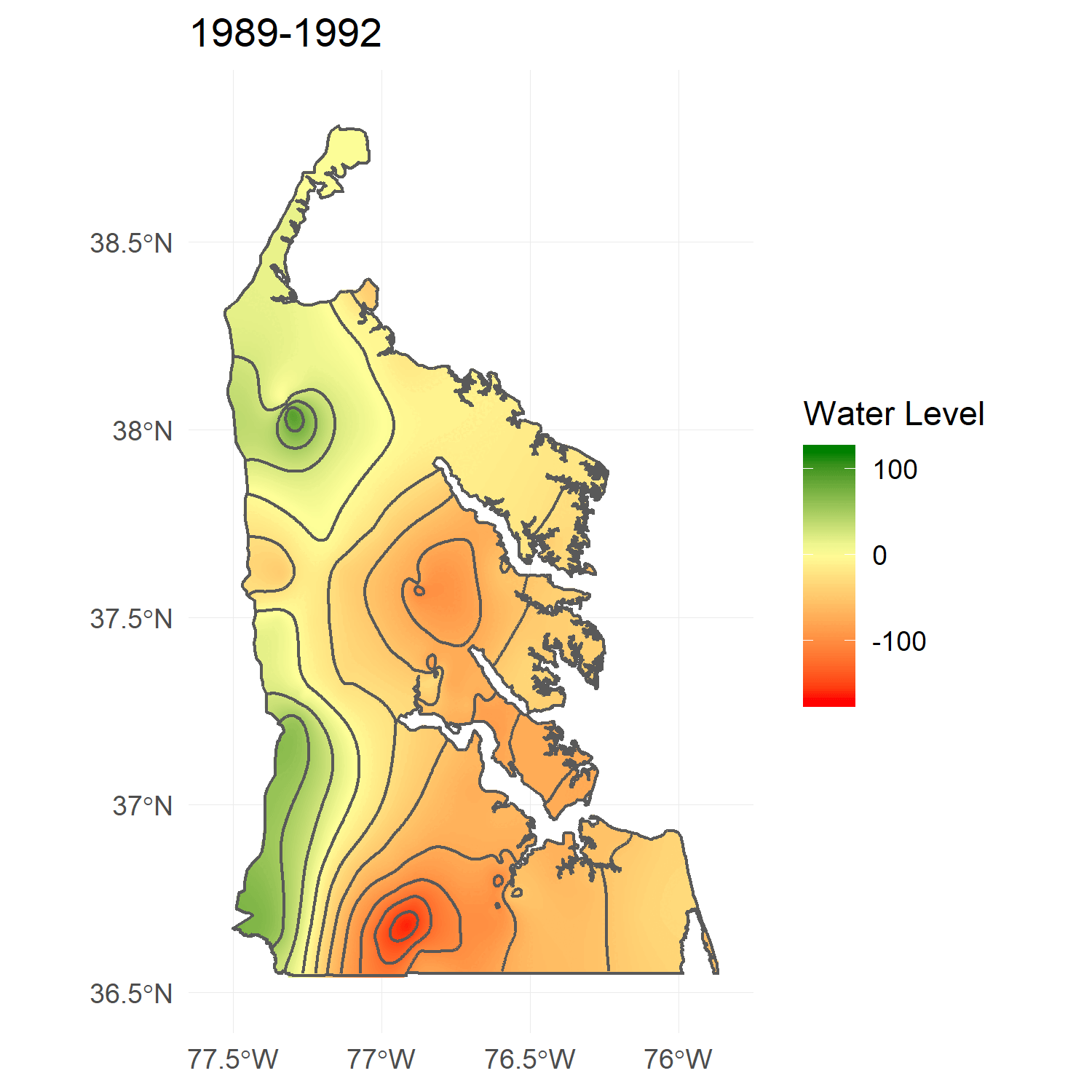 Map Showing Water Levels in Hampton Roads from 1989 to 1992